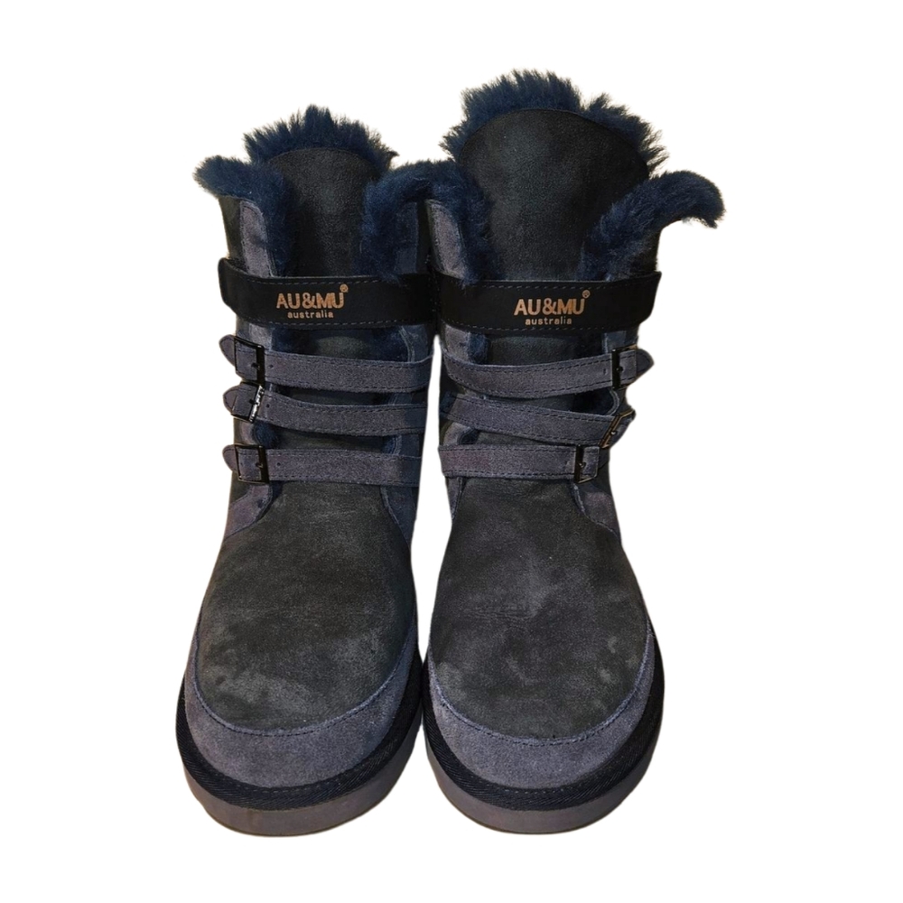 AuMu NWOT Womens Shearling Leather Sheepskin Classic Lace up Mid Calf Flat Fur